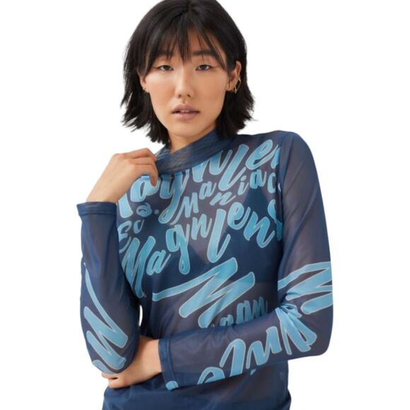 Magnlens navy blue sheer mesh cursive print mock neck top size L  Nwot ECHO - Picture 1 of 6
